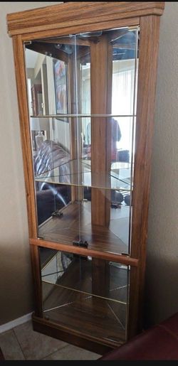 Vintage Oak Corner Curio Cabinet with Glass Shelves & Built-in Light/ display cabinet