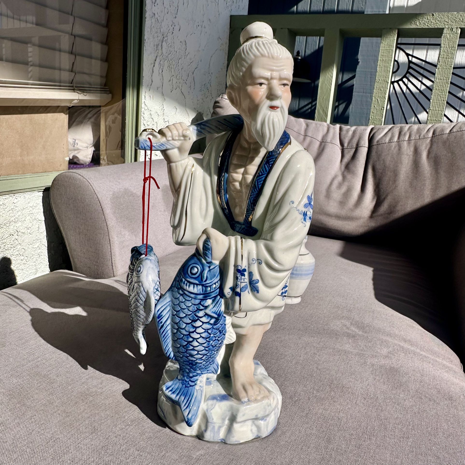 Large Asian Fisherman Blue White Porcelain Figurine Statue 15" 