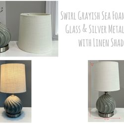 Swirl Grayish Sea Foam Small Glass & Silver Metal Lamp with Linen Shade