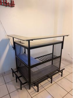 L-Shaped Industrial Home Bar with LED Lighting and Power Outlet