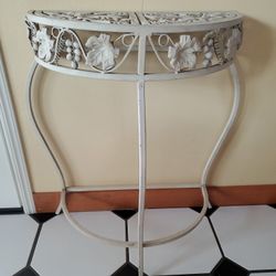 Vintage Off-white/Beige Painted Cast Iron Half Moon Table With Floral Dragonfly/Grapevine Cutouts 