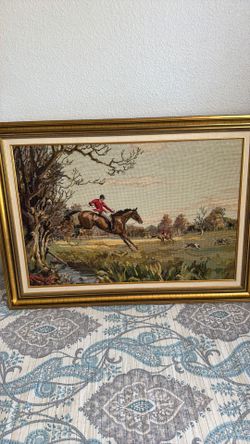Framed Fox Hunt Needlepoint Tapestry