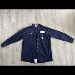 Carhartt FR Men Button Up Shirt XL Blue 392-20 Workwear Logo Long Sleeve Used