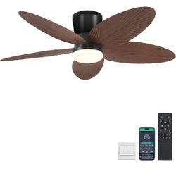 Palm Leaf Ceiling Fans with Lights-42 Tropical Ceiling Fan with Light and Remote/APP Control,Flush Mount Low Profile Ceiling Fans for Bedroom,Indoor/O