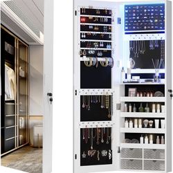 Mirror Jewelry Cabinet 79 LED Lights Wall-Mount/Door-Hanging Armoire, Lockable 47.2"H*14.4"L*3.7"W  6201