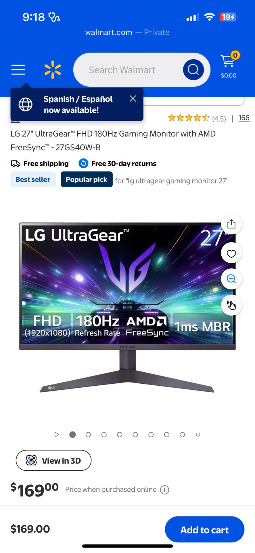 27’ 180hz LG monitor