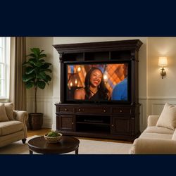 65 inch TV with hooker two-piece TV entertainment center with dimming light at top