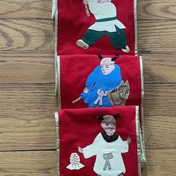 Vintage Chinese Red Corduroy Gold Trim Blessings Wall Hanging Oriental Decor 