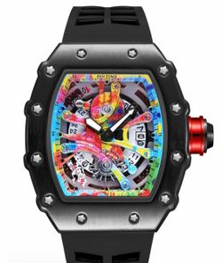 Men's Barrel Shape Mechanical Style Colorful Graffiti Hollow Design Trendy High-End Casual Calendar Waterproof Men's Trendy Multifunctional Street Tre
