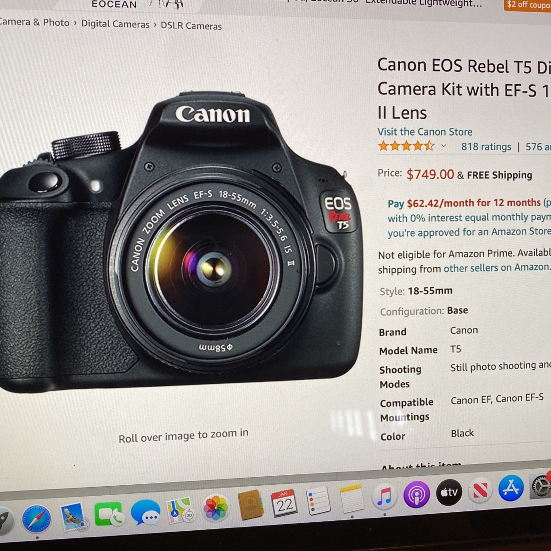 Canon EOS Rebel T5 Digitial SLR Camera Kit Eith EF-S 18-55mm Lens
