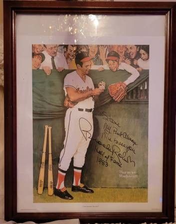 Autographed Bundle Incl. Framed Norman Rockwell print of Brooks Robinson, titled "Gee, thanks Brooks ", Baseball Hat & Baseball