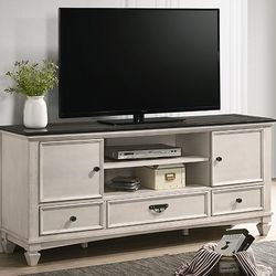 Tv Stand Antique White Finish, Dark Grey Top. New Especial Price