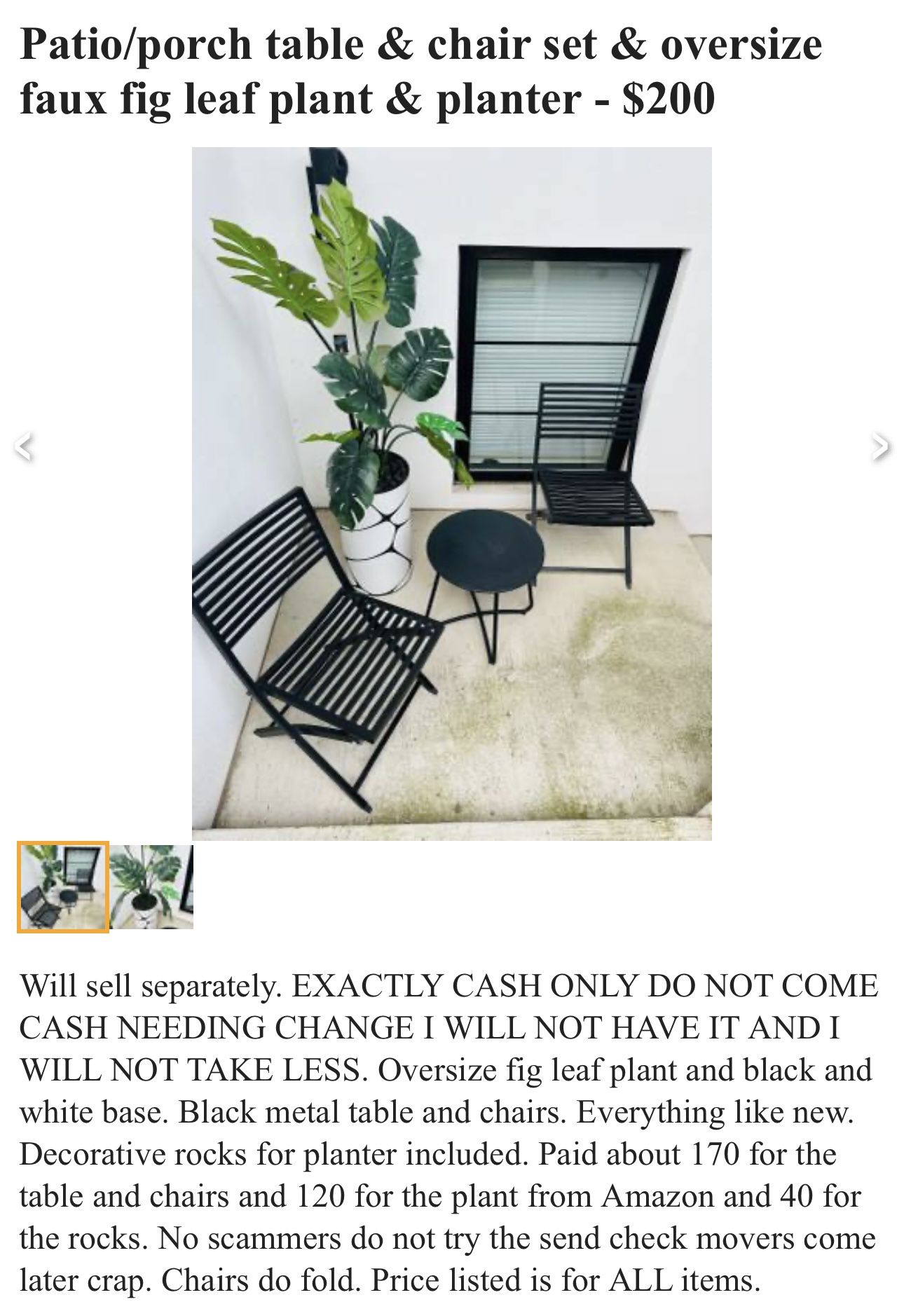 Outdoor Table & Chairs/Patio & Oversize Faux Fig Leaf Plant And Base W Decorative Rocks