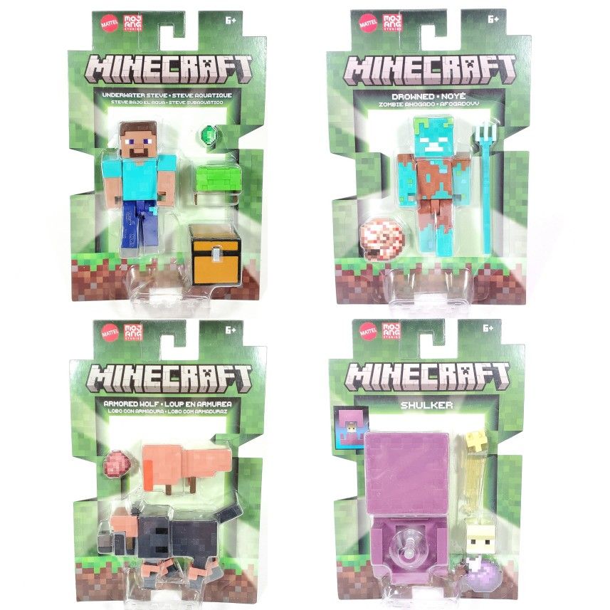 NEW 2025 Mattel Minecraft Figures Drowned Zombie Steve Wolf Shulker (SET OF 4)