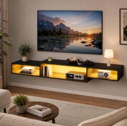 100% Brand New in box Wood Floating Black TV Stand, with LED Light and Power Station, starting from $30