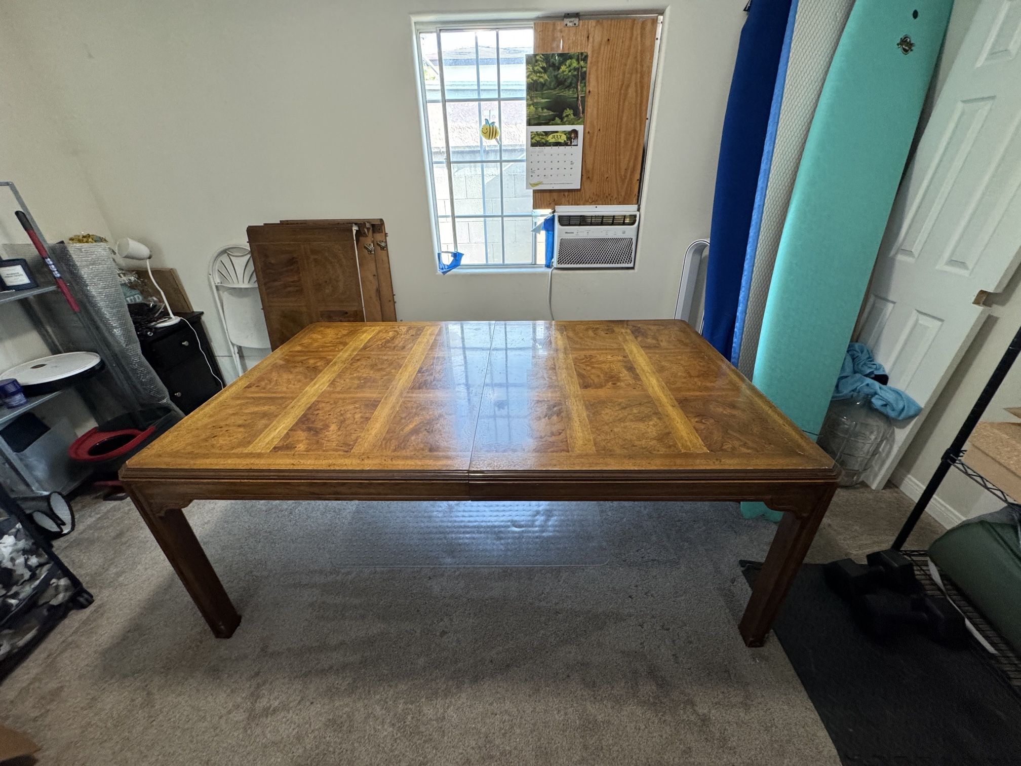 Drexel Heritage Mid-Century Modern Oak and Burl Wood Extension Dining Table