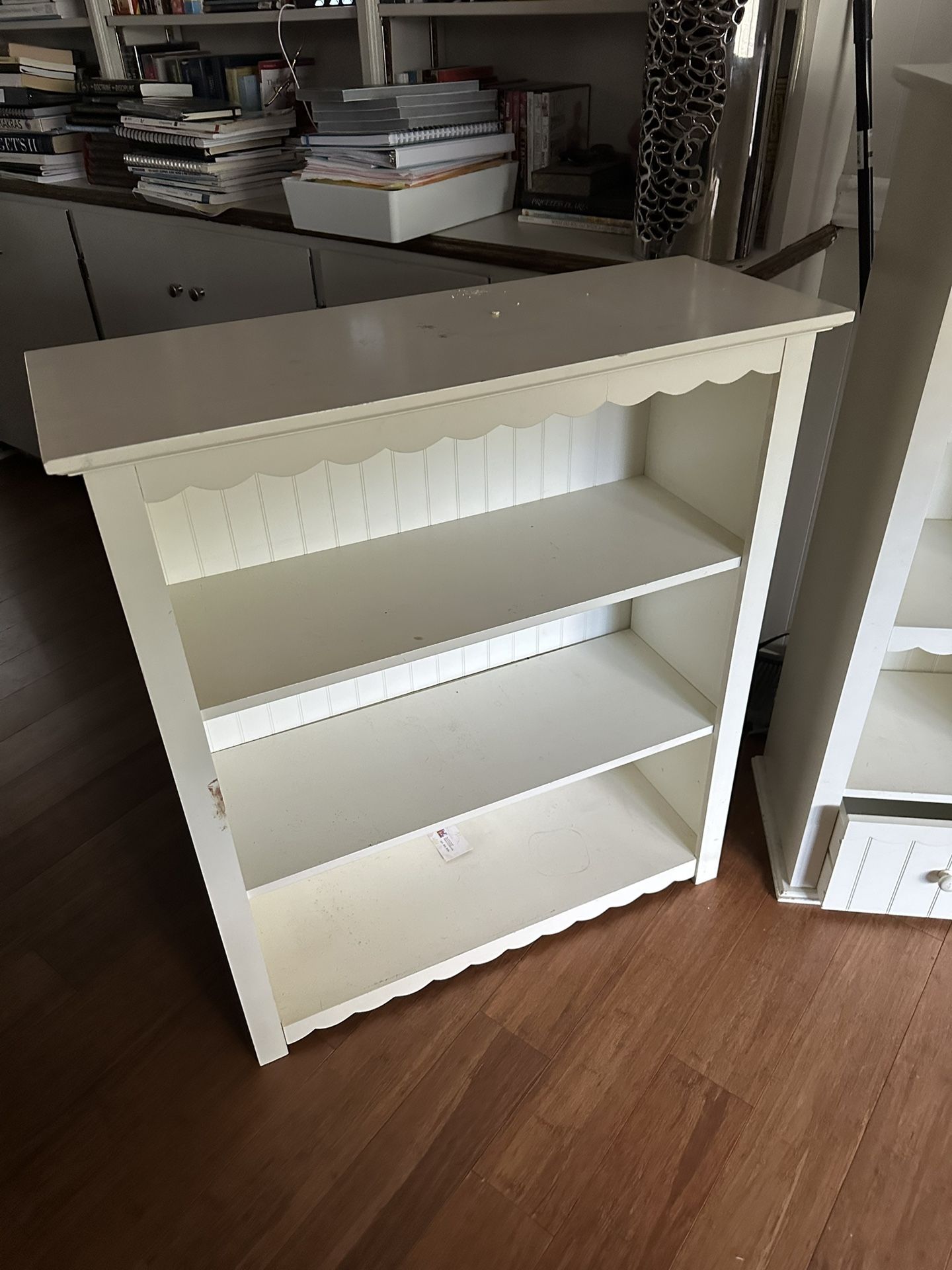 2 Elegant Solid Wood White Bookcase with Decorative Edges - Excellent Condition