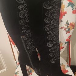 Thigh High Velvet Embroidered Boot