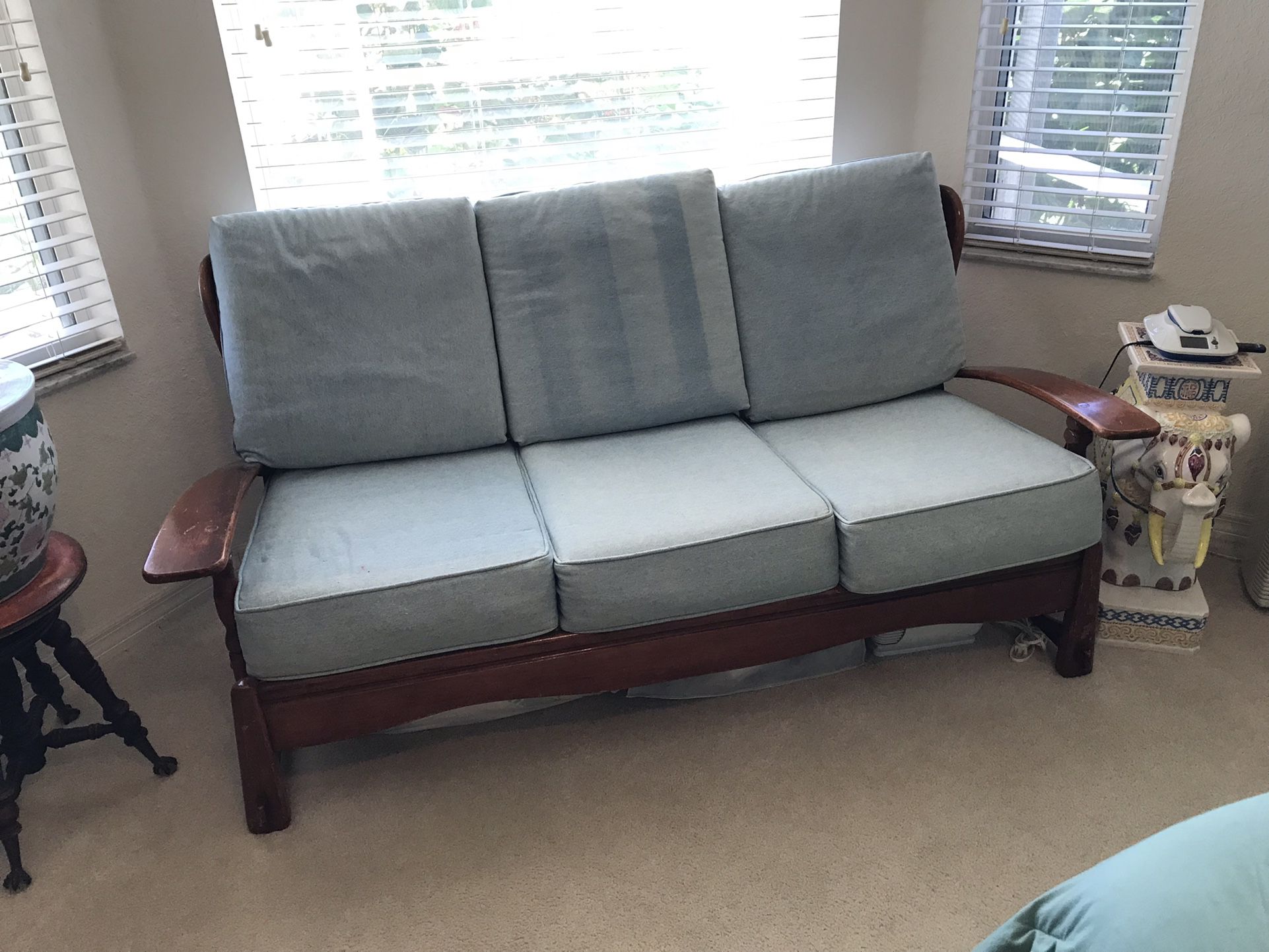 MID-20TH CENTURY QUARTER-SAWN SOLID MAPLE SOFA & CHAIR FOR HOUSE OR ENCLOSED LANAI