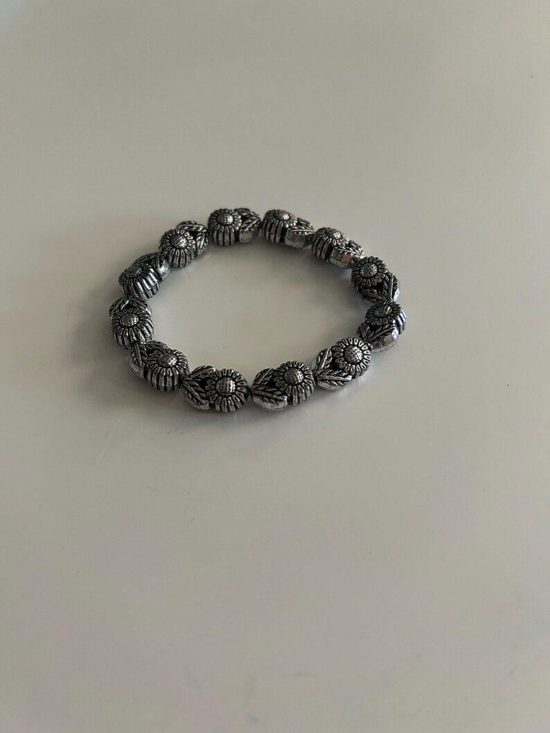 Vintage Silver Sunflower Floral Bangle Handmade Summer Bracelet