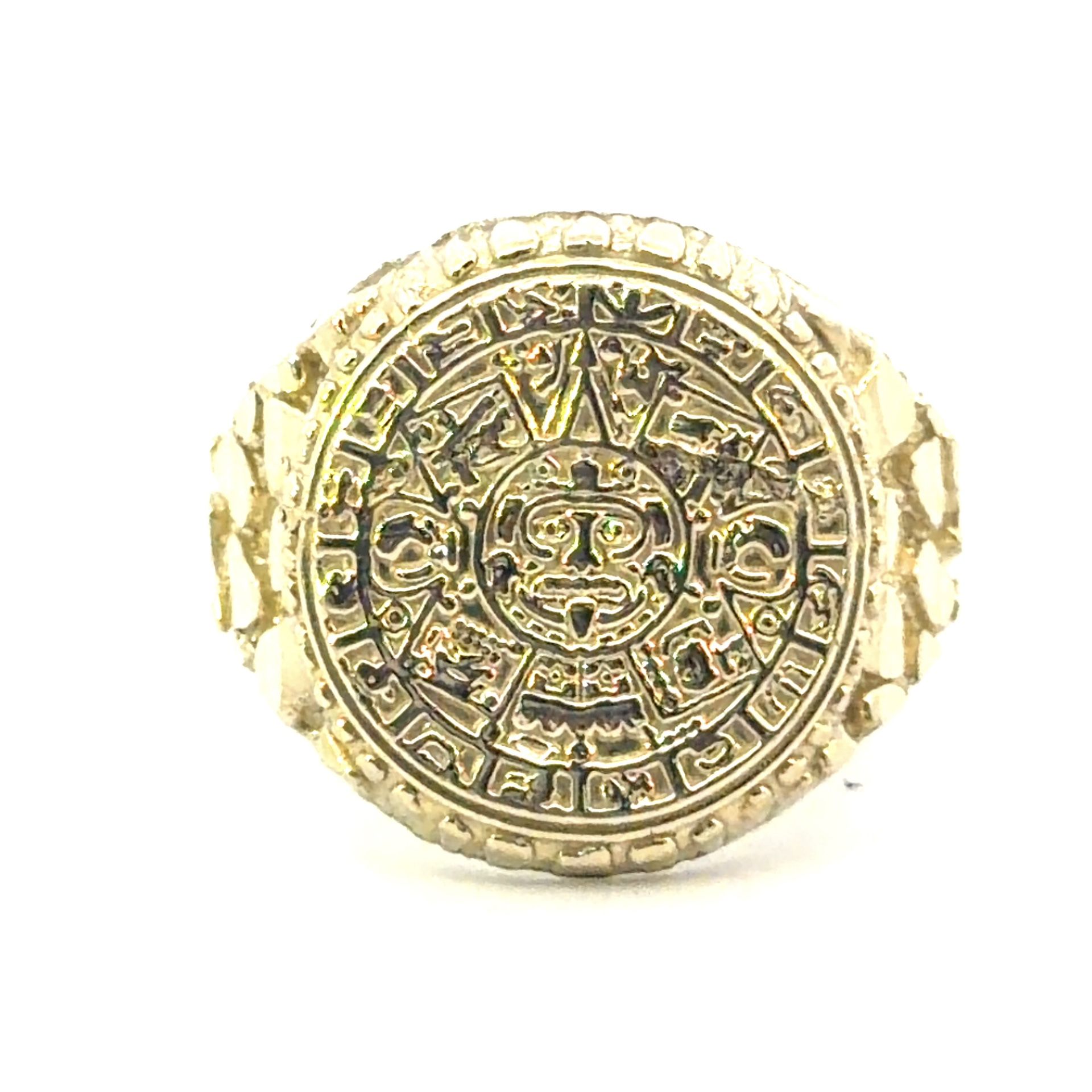 Men’s 10k Yellow Gold Aztec Sun Mayan Calendar Signet Nugget Ring Size ...