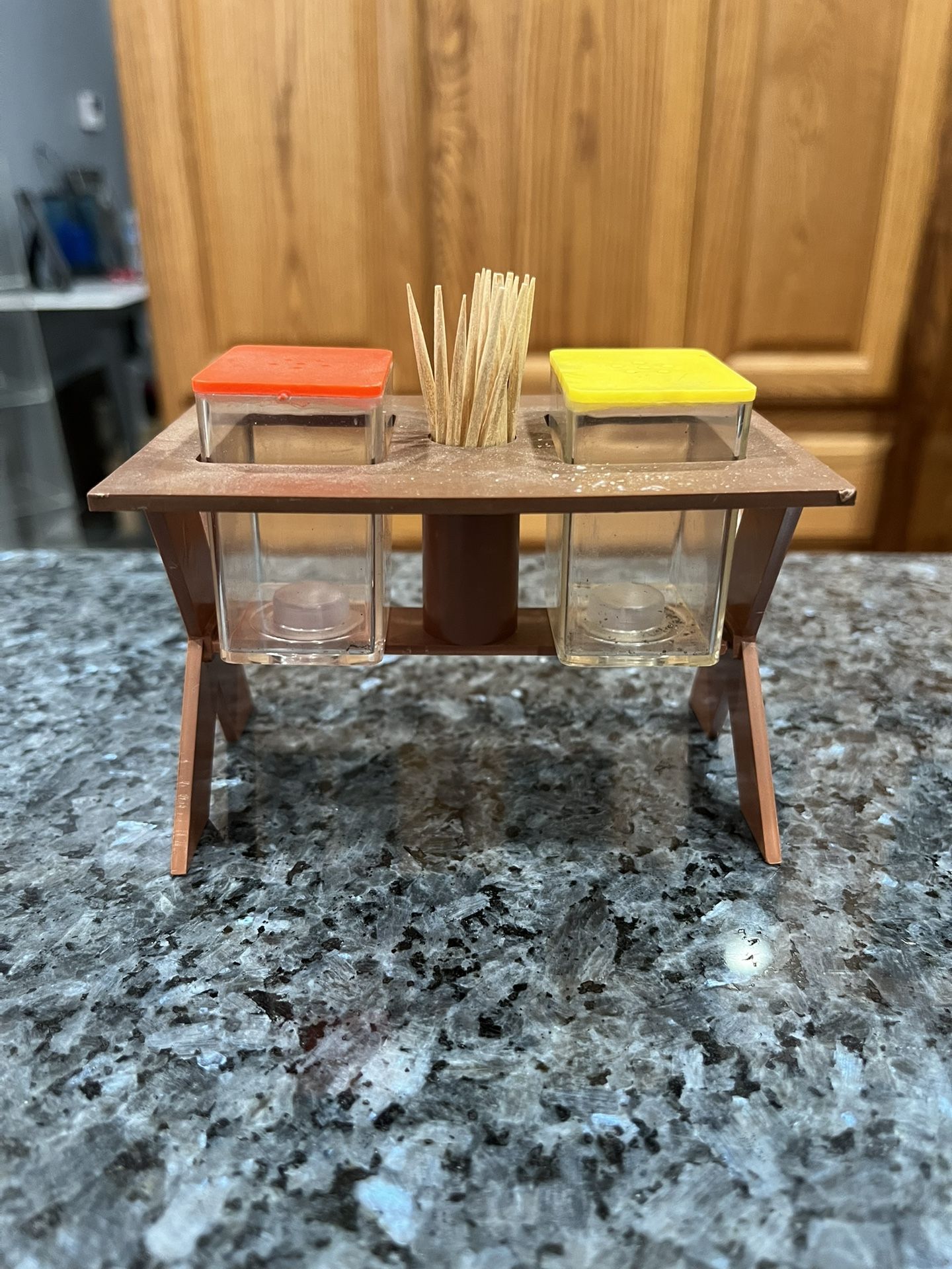 Vintage Brown Plastic Salt and Pepper Shaker Set with Tooth Picks (1976). This adorable plastic picnic table measures 3 inches tall, 4 inches long an
