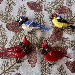 Vintage Set Of 4 Metal Holiday Bird Ornaments