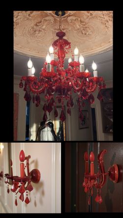 3p Ruby Red Baroque Rococo Revival European Imprt Glass Chandelier Sconce Set