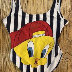 Vintage 1995 Looney Tunes Tweety Bird Striped One Piece Swimsuit Bodysuit 