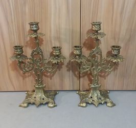 Vintage Brass Ornate 3 Arm Candelabras