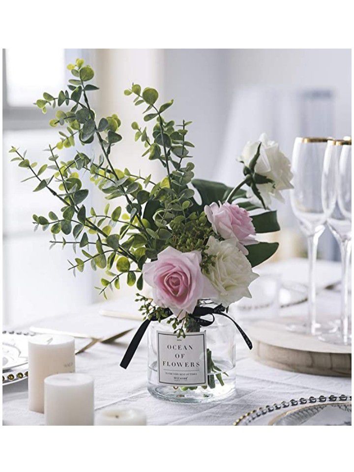 Ins Style Vase with Artificial Flower Set 1 Piece Fake Rose Berry Leaf Floral Flower Arrangement Glass Rose (Pink S)