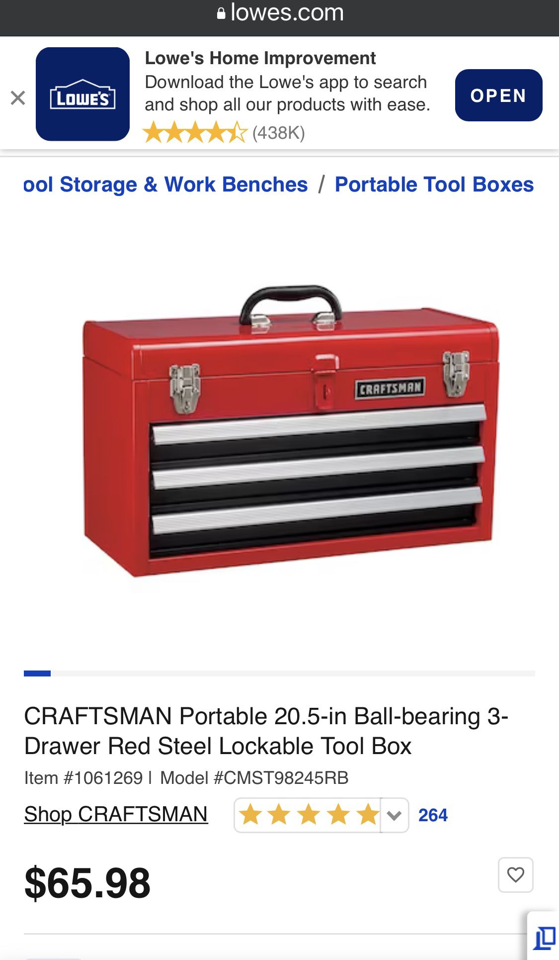 CRAFTSMAN Portable 20.5-in Ball-bearing 3-Drawer Red Steel Lockable Tool Box  in the Portable Tool Boxes department at