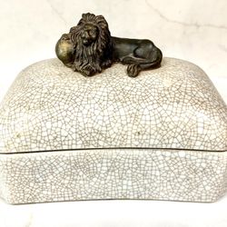 Vintage Chinese Crackle Porcelain Box with Bronze Lion Ball Finial