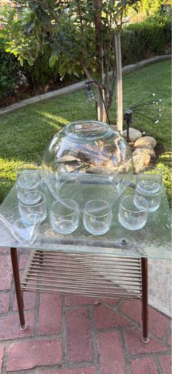 crate & Barrel Glass Punch Bowl Set with 8 Cups