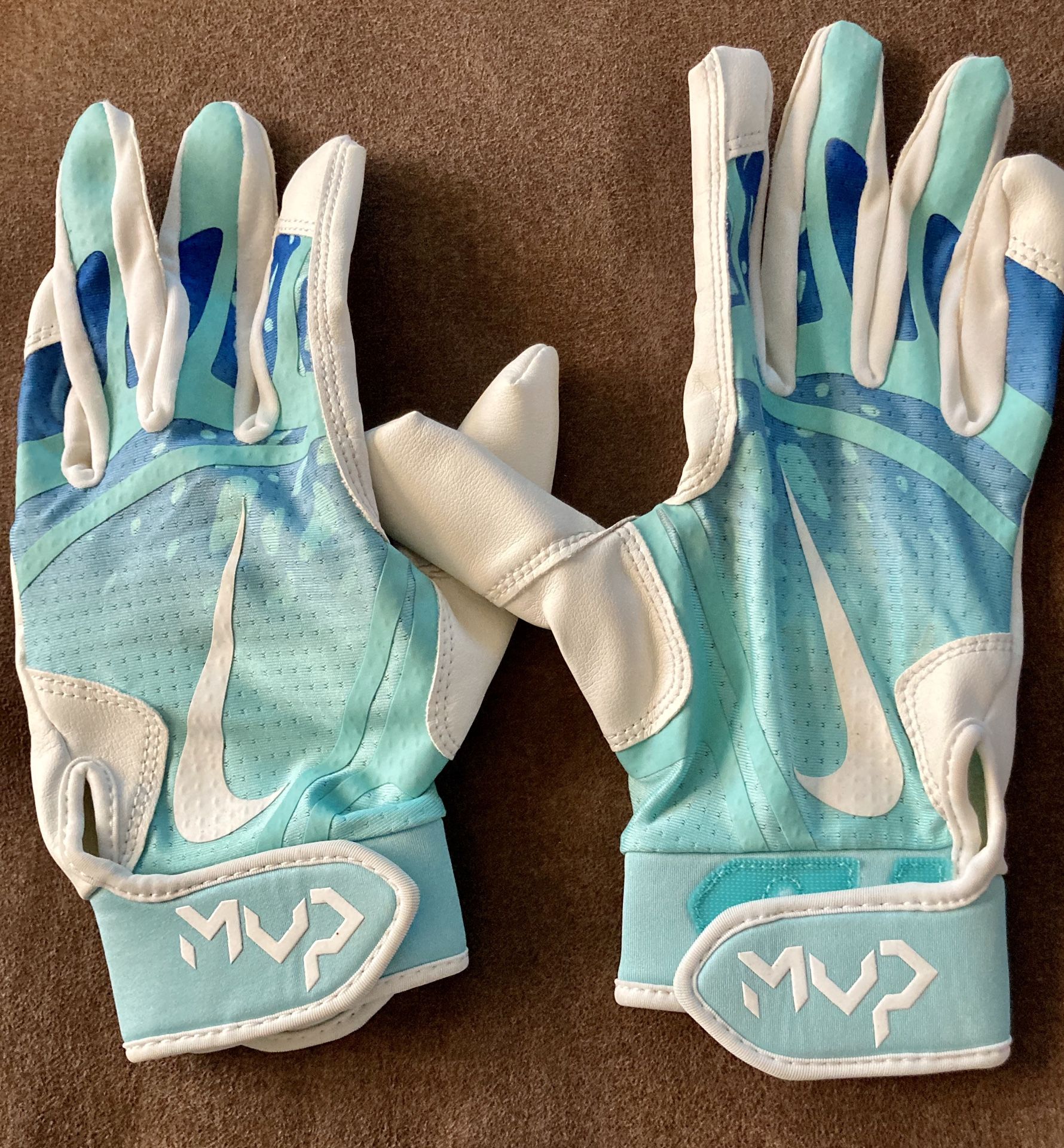 Blue and white MVP girls softball batting gloves flexible and comfortable lightly used