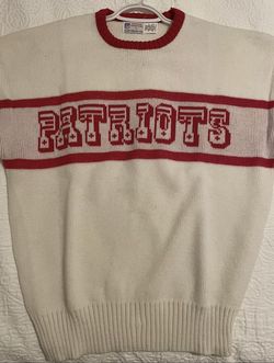  VINTAGE NEW ENGLAND PATRIOTS WHITE SWEATER  BY CLIFF ENGLE LTD SLIM FIT LARGE