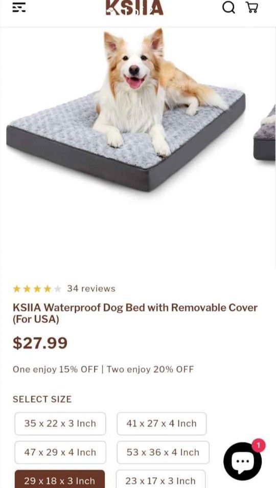 KSIIA Waterproof Dog Bed with Removable Cover 29x18 grey