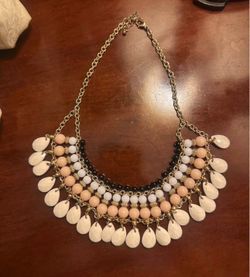 Gold-Tone Statement Necklace with Peach, White and Black Beads