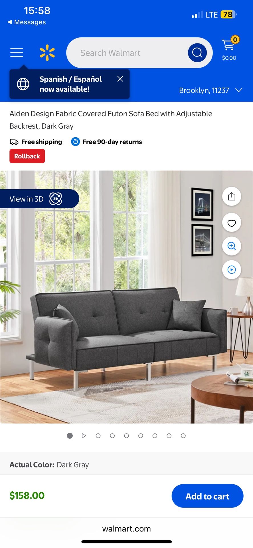 Alden Design Fabric Covered Futon Sofa Bed with Adjustable Backrest, Dark Gray
