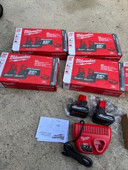 MILWAUKEE M12 12V Lithium-Ion XC High Output 5.0 Ah Battery Pack (2-Pack) Starter Kit with Charger. 120$ each kit