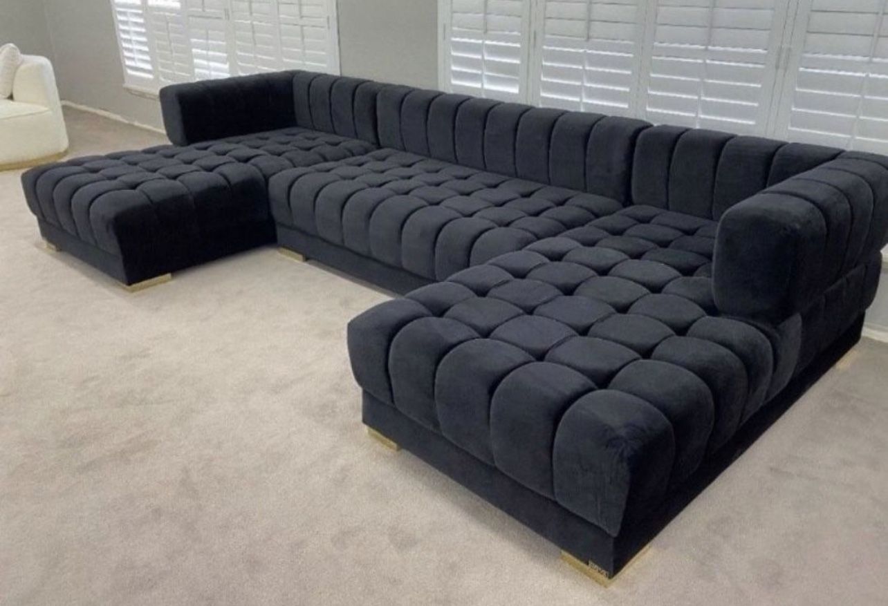 🦋Showroom,Fast Delivery, Finance,Web🦋Ariana Black Velvet Double Chaise "U" Shape Sectional Sofa Comfortable Couch