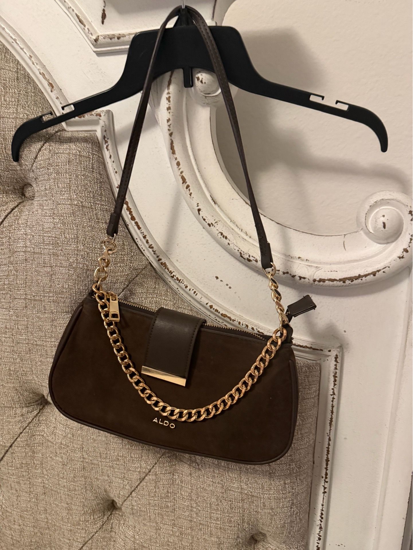 ALDO Dark Brown Suede Shoulder Bag with Gold Chain Accent