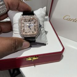 🎄🎄💎💵💵CHRISTMAS SALE ICED OUT ROSE & WHITE MOISSANITE WATCH WITH LEATHER BAND