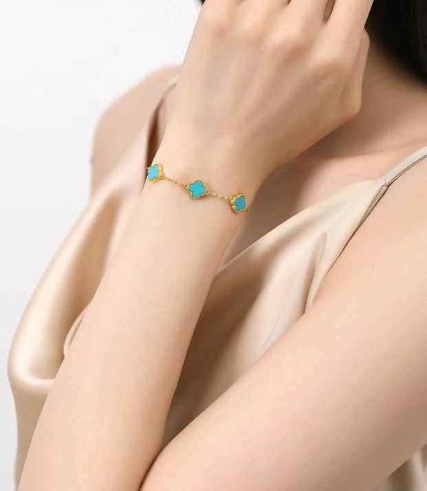 Natural turquoise four-leaf clover bracelet for women, sterling silver plated with 18K gold, high-end jewelry birthday gift