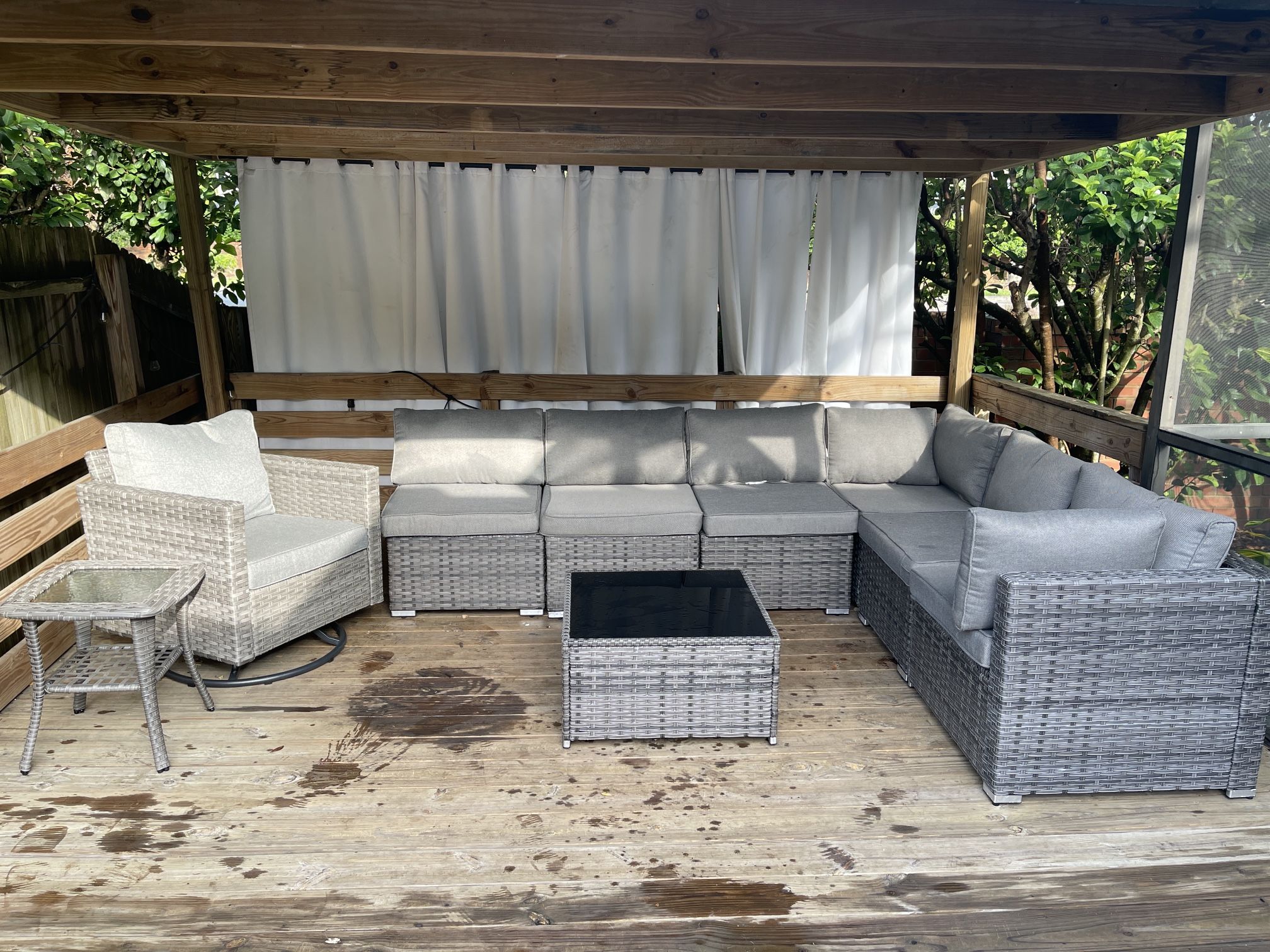Rattan Outdoor Patio Sectional Tables And Propane Gas Fire pit Seats 7