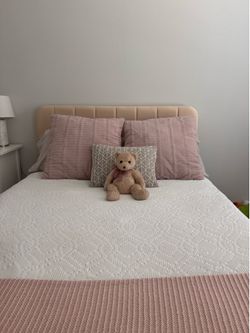 Full Upholstered Platform Bed Frame- Beige -Excellent Condition