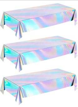 Iridescent Disposable Plastic Tablecloth, 3 Pack Laser Table Cloths Holographic Foil Disposable for Indoor or Outdoor Birthdays Wedding-54" x 108" (La
