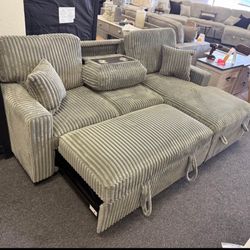 Sleeper Sofa Sectional With Grey Corduroy And Reversible Storage Chaise 