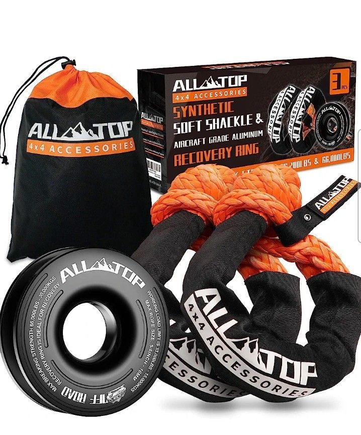 ALL-TOP Synthetick Soft Shackle & Recovery Ring Kit (2PCS 1/2in x 22in - 48300LBS Shackles + 1 Snatch Pulley Ring) for Winch Tackle Pulley System
