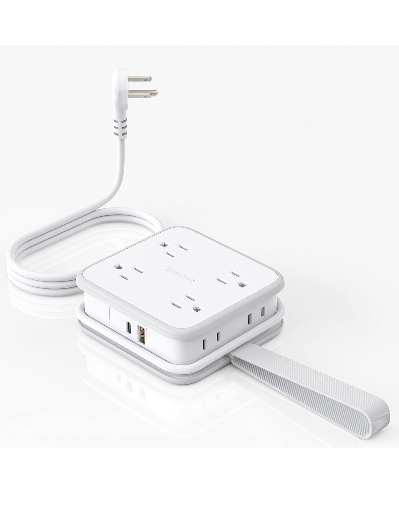 Brandnew Flat Plug Power Strip with USB C, GAN 45W USB-C Port, 8 Outlets 2 USB, 3 Side Outlet Extender with 5 ft Wrapped Extension Cord, Fast Charge f